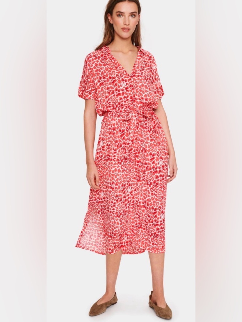 Red and White Animal Print Midi/Maxi Shirt Dress by Saint Tropez Size L - Picture 11 of 17